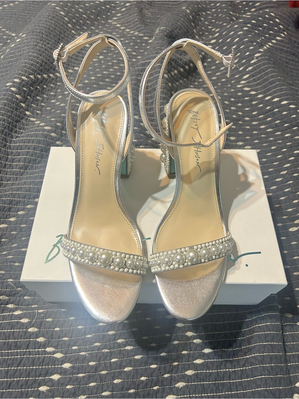 Betsey Johnson Pearl-Embellished Silver Ankle-Strap Heels - Women